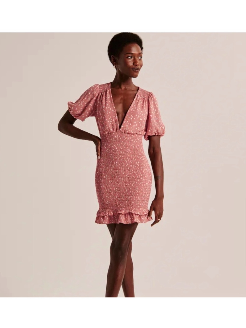 Abercrombie & Fitch Smocked Flutter Sleeve Mini Dress in Dusty Rose